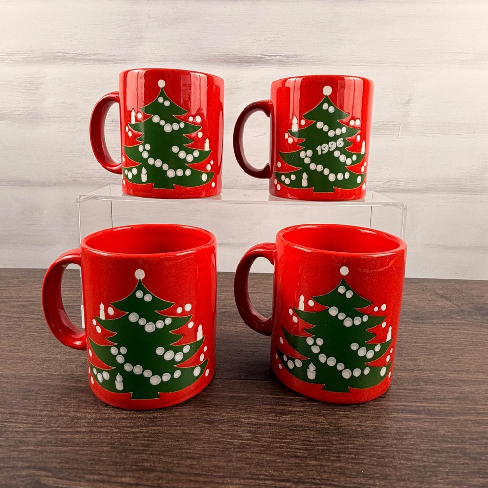 Waechtersbach Christmas Tree Red Mugs Set of 4 Germany Vintage 1996